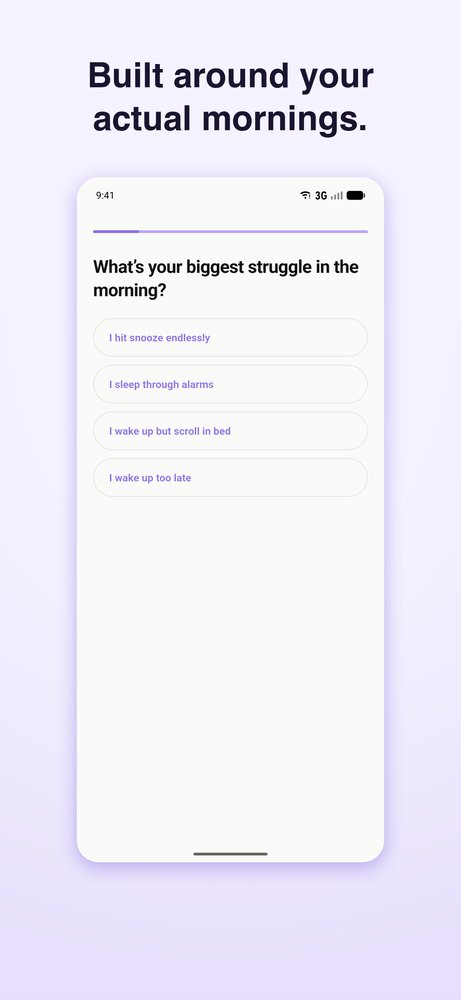 Wakey onboarding screen under the headline 'Built around your actual mornings.', asking 'What&rsquo;s your biggest struggle in the morning?' with the options I hit snooze endlessly, I sleep through alarms, I wake up but scroll in bed and I wake up too late