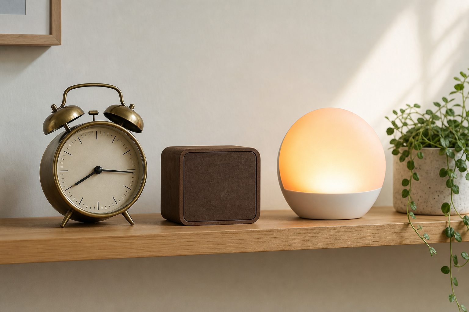 A brass twin-bell alarm clock, a wooden cube clock with a blank face and a glowing orange sunrise lamp on an oak shelf beside a trailing houseplant