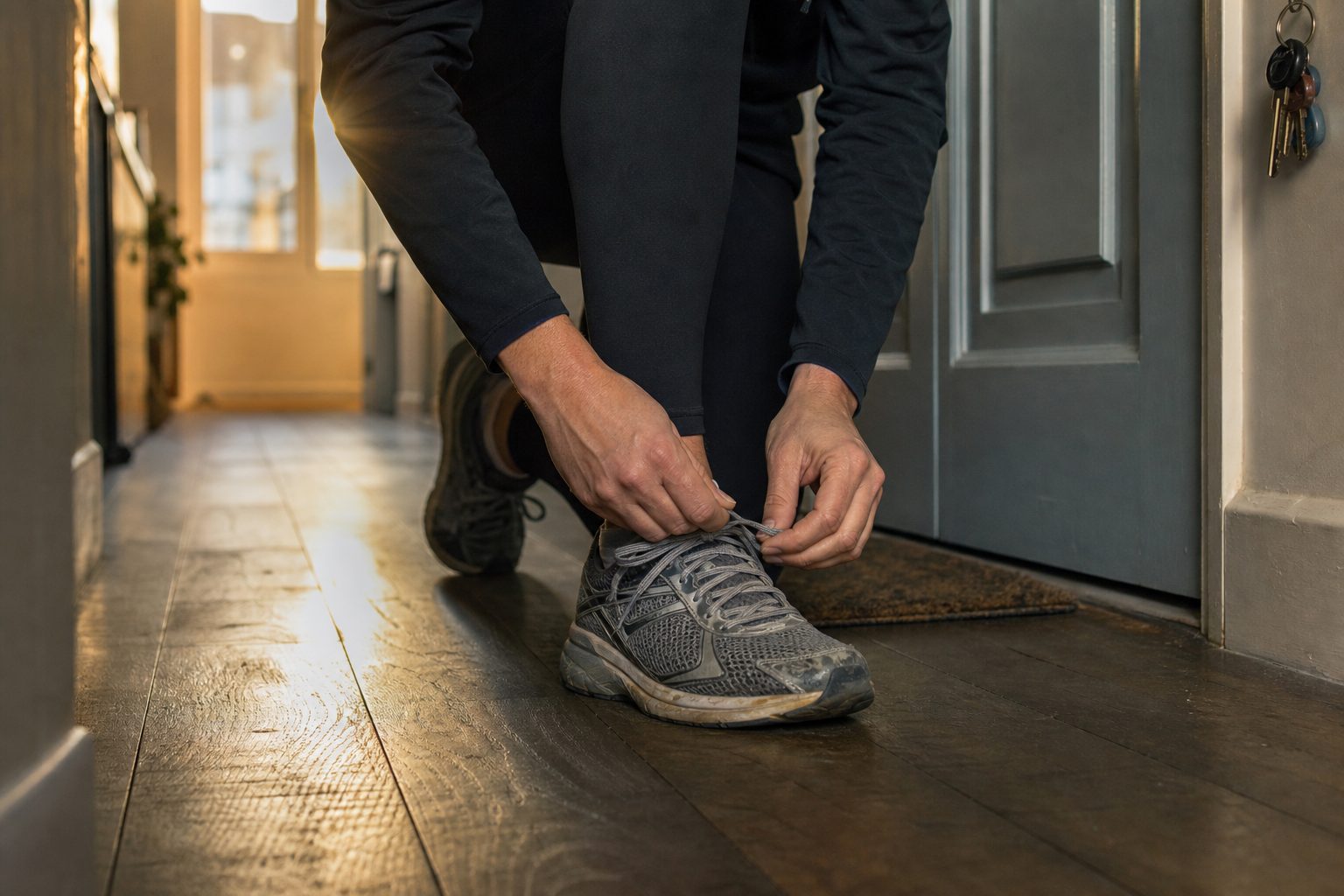 A person, seen from the waist down, kneeling to tie worn grey running shoes by a front door in a wooden-floored hallway at dawn