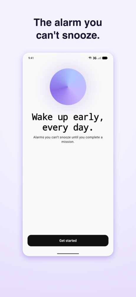 Wakey onboarding screen under the headline 'The alarm you can't snooze.', reading 'Wake up early, every day.' and 'Alarms you can't snooze until you complete a mission.' above a Get started button