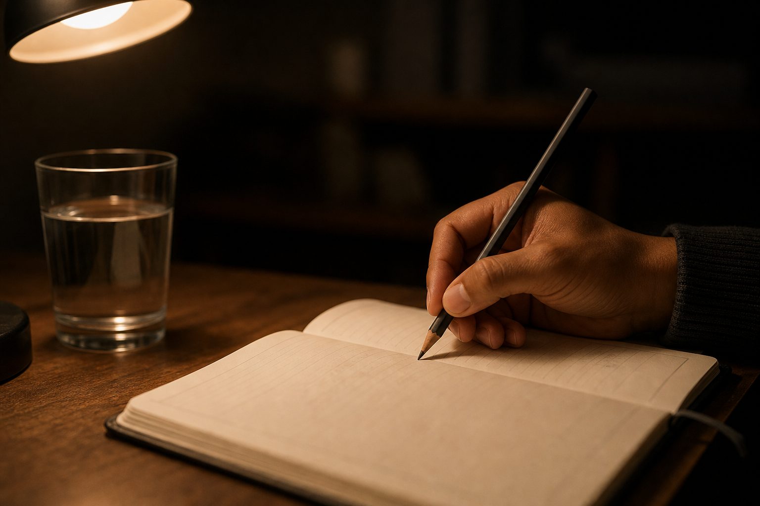 A hand writing with a pencil in an open paper planner at night under a warm desk lamp, with a glass of water beside it